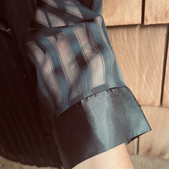 Linda Bis Montreal Rare Vintage 90s Black Night Robe Striped Silky Satin Collar - Picture 9 of 13